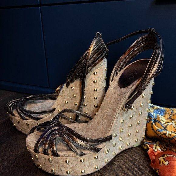Gucci Brown Leather Studded Cork Wedge Sandals - Picture 4 of 12